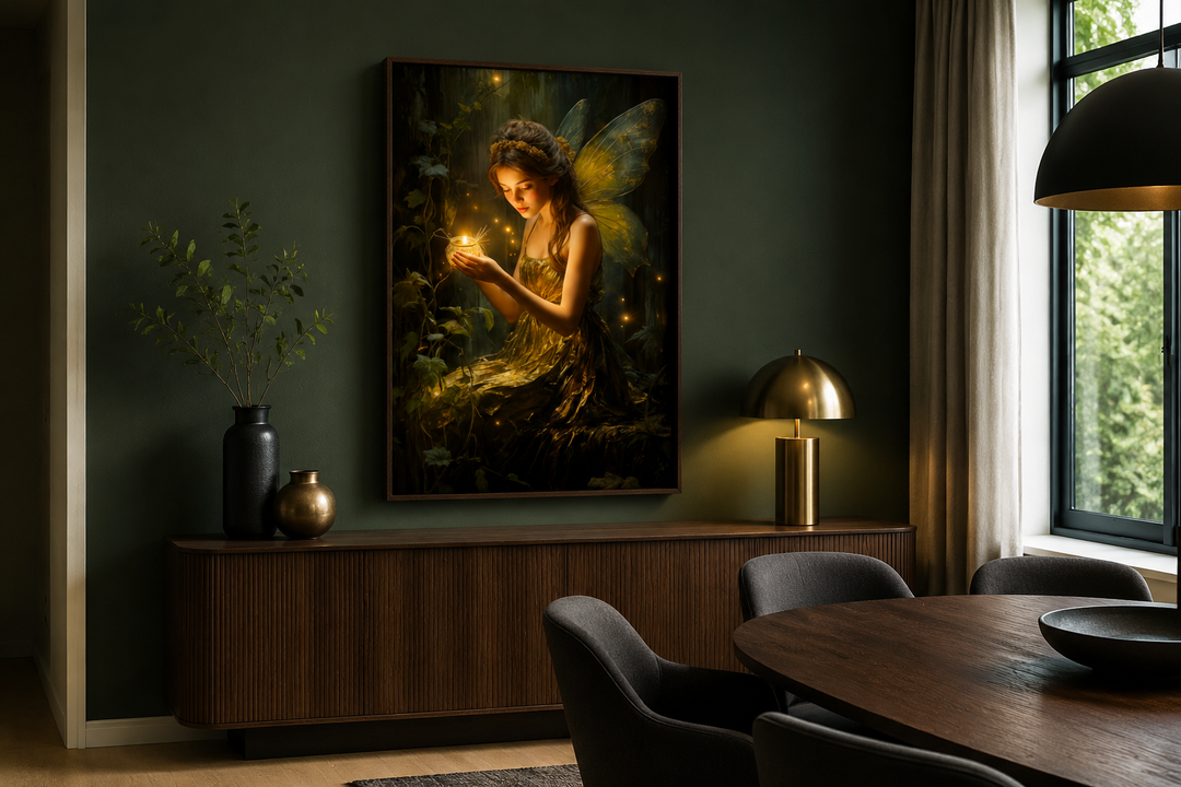 Framed canvas wall art of a forest fairy with fireflies above a wooden sideboard in a dining room.