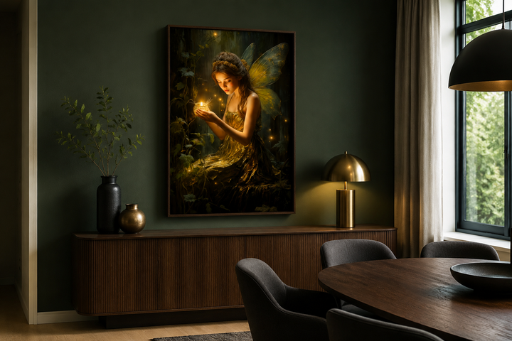 Framed canvas wall art of a forest fairy with fireflies above a wooden sideboard in a dining room.