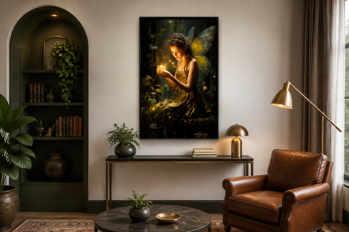 Framed canvas wall art of a forest fairy with fireflies in a dark, mystical forest setting.