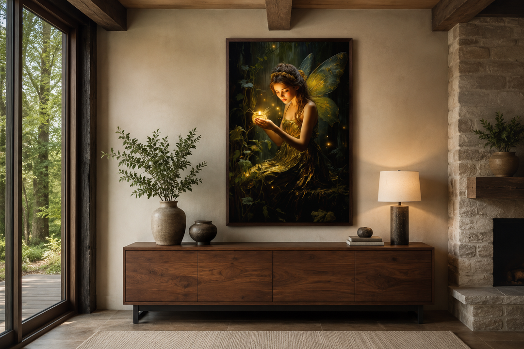 Framed vertical canvas art of a glowing forest fairy holding a firefly, hung above a wooden console.
