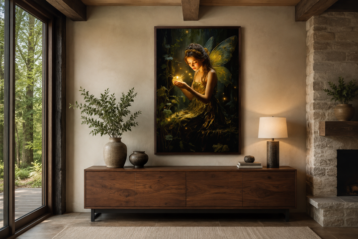 Framed vertical canvas art of a glowing forest fairy holding a firefly, hung above a wooden console.
