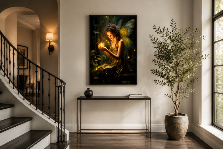 Framed vertical canvas art of a forest fairy with fireflies in a modern hallway setting.