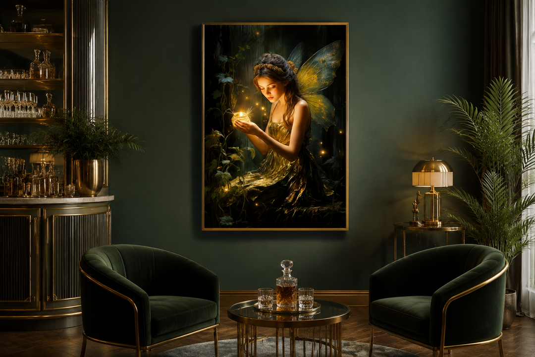 Framed vertical canvas art of a forest fairy holding a firefly, hanging in a dark green lounge.