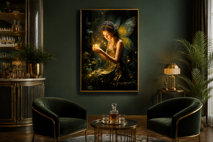 Framed vertical canvas art of a forest fairy holding a firefly, hanging in a dark green lounge.