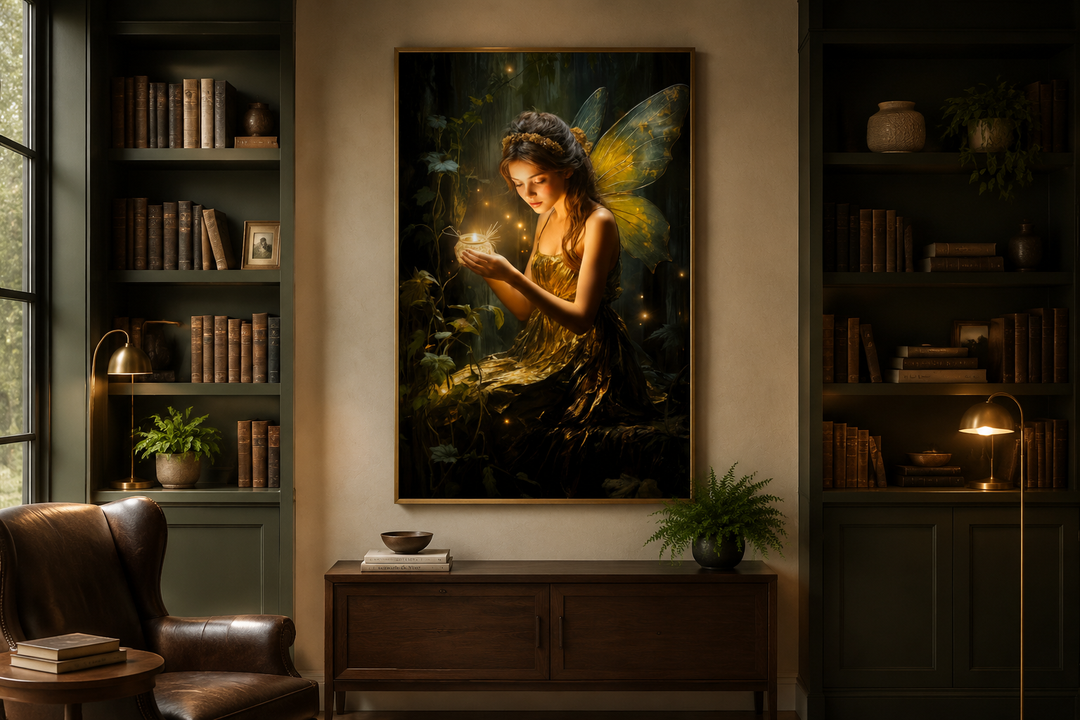 Framed canvas wall art of a forest fairy with wings holding a glowing firefly in a dark library.