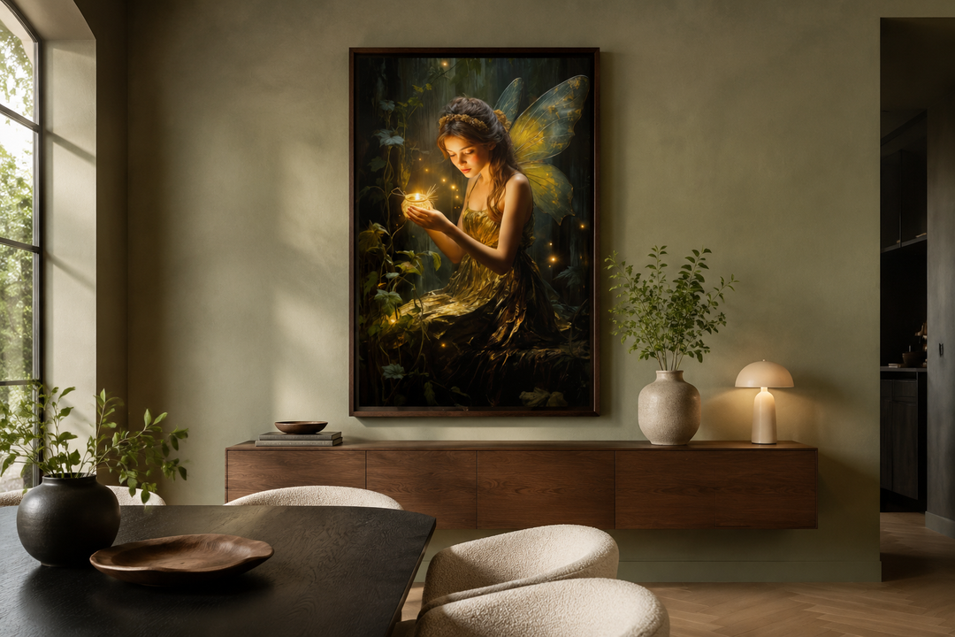 Framed canvas wall art of a forest fairy holding a glowing firefly in a dark, magical forest.