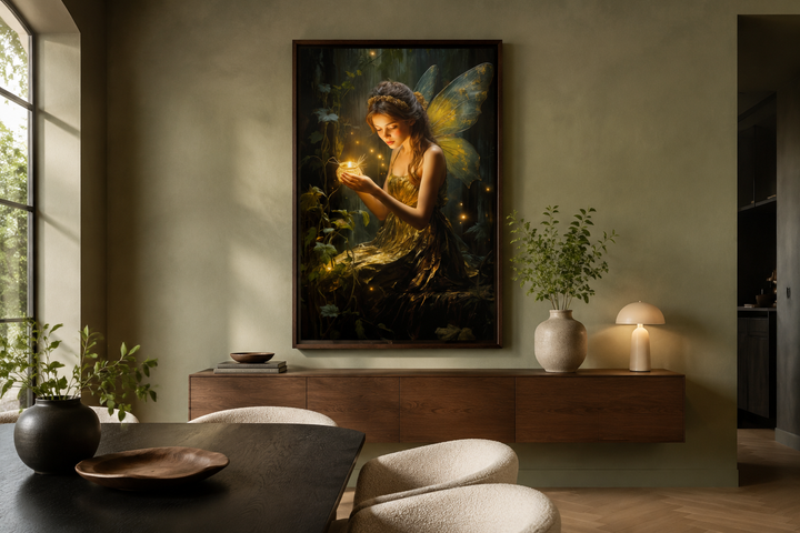 Framed canvas wall art of a forest fairy holding a glowing firefly in a dark, magical forest.