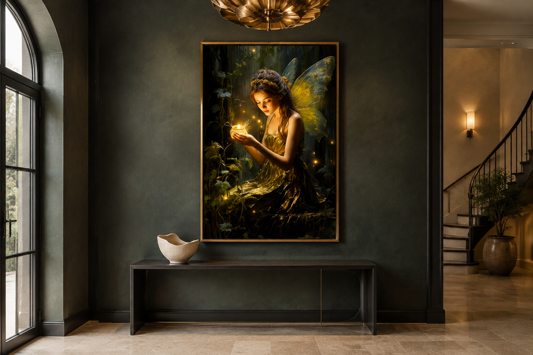 Framed vertical canvas art of a glowing forest fairy holding a firefly on a dark green wall.
