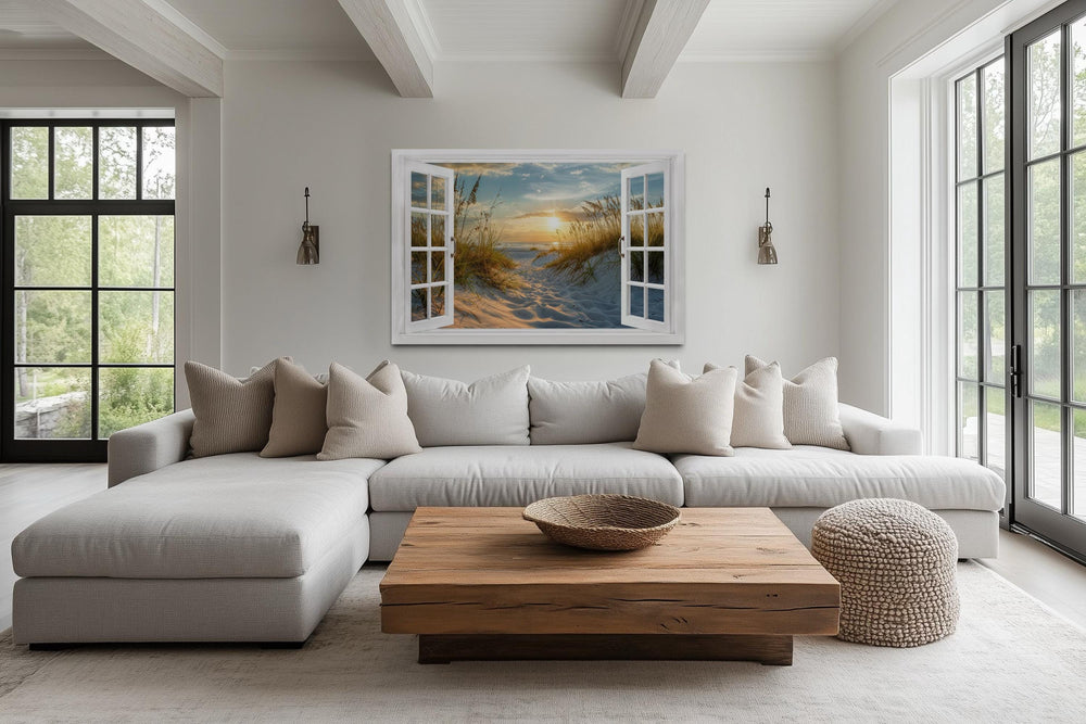 Fake Open Window View Beach Sunset Canvas Wall Art With Dunes and Beach Grass