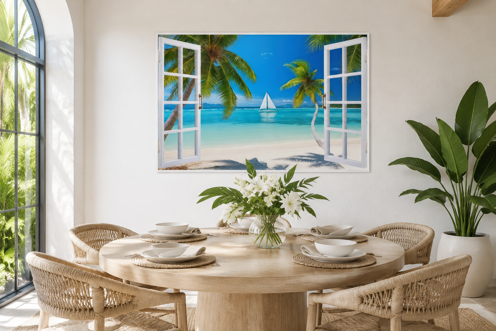 Caribbean beach and sailboat open window view wall art hanging in a bright dining room.