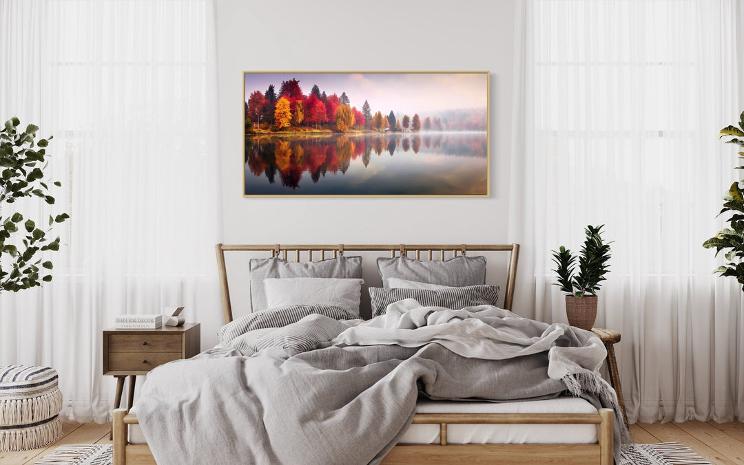 Fall Forest Reflected In Foggy Lake Autumn Framed Canvas Wall Art