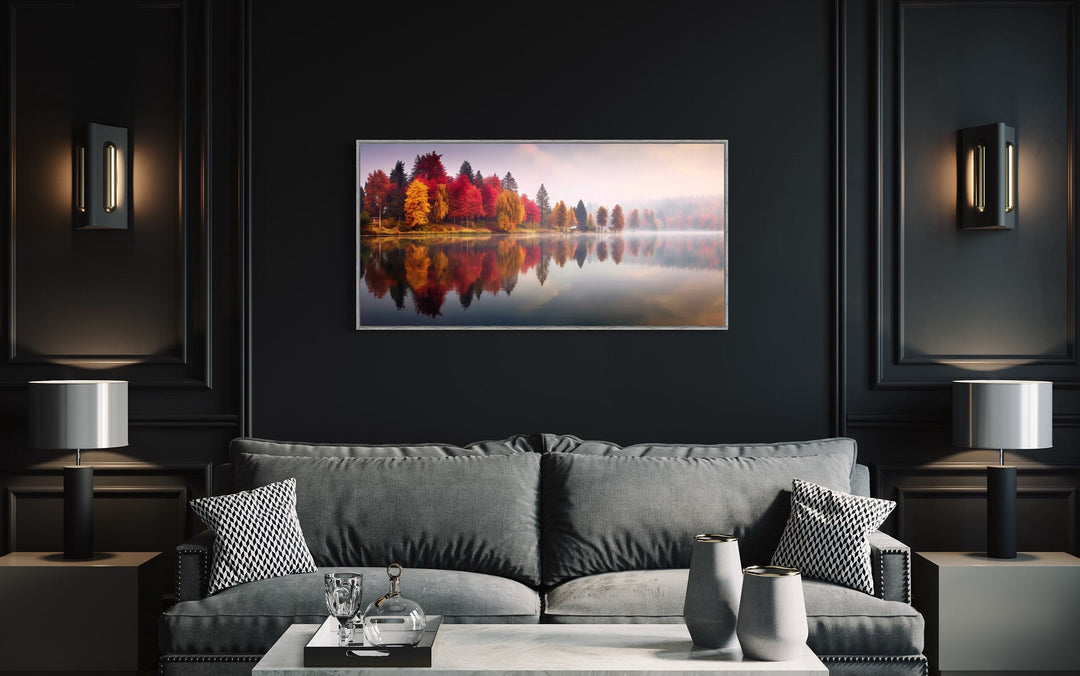 Fall Forest Reflected In Foggy Lake Autumn Framed Canvas Wall Art