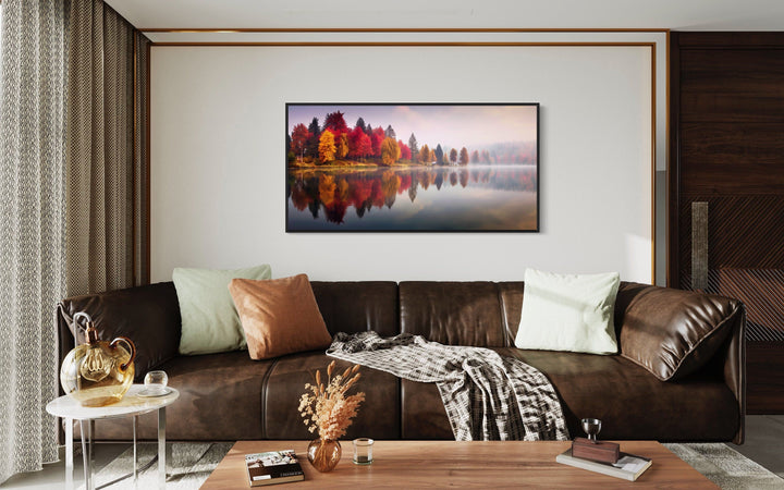 Fall Forest Reflected In Foggy Lake Autumn Framed Canvas Wall Art