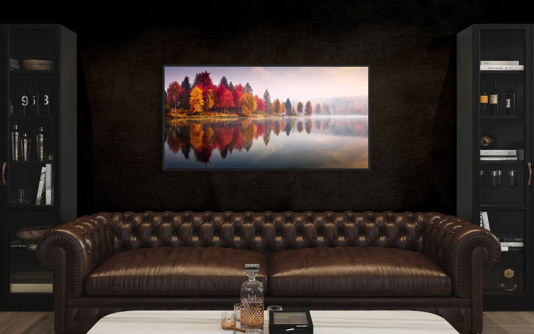 Fall Forest Reflected In Foggy Lake Autumn Framed Canvas Wall Art