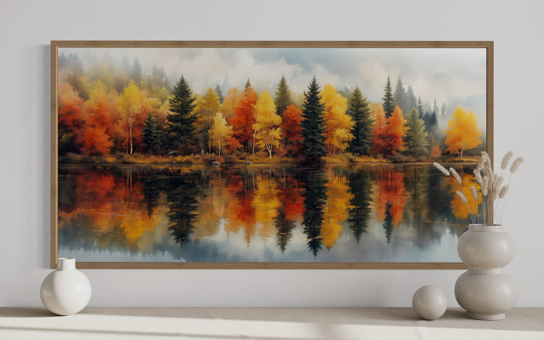 Watercolor fall forest canvas print featuring autumn trees reflected in a calm lake.