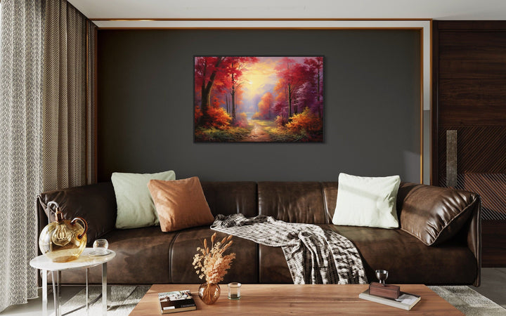 Fall Forest at Sunrise Framed Canvas Wall Art