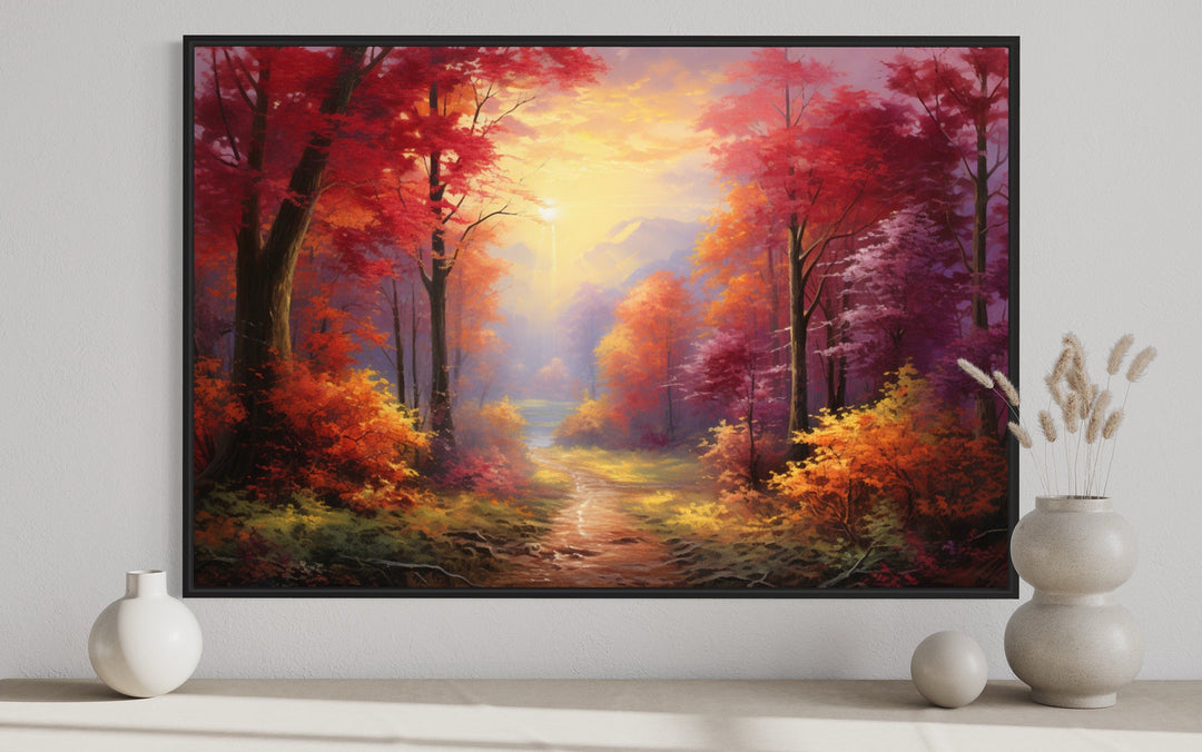 Fall Forest at Sunrise Framed Canvas Wall Art