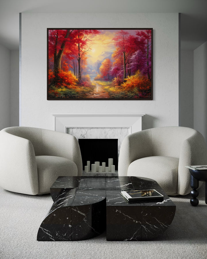 Fall Forest at Sunrise Framed Canvas Wall Art