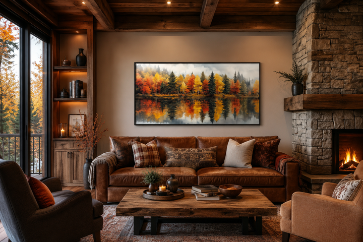 Horizontal watercolor canvas print of an autumn forest reflected in a misty lake above a sofa.