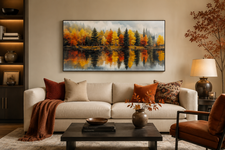 Watercolor fall forest canvas print above a beige sofa in a cozy, rustic living room.