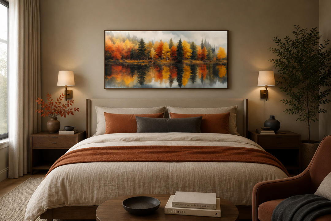Watercolor autumn forest canvas print above a bed, showing orange trees reflected in a foggy lake.
