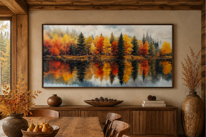 Watercolor fall forest canvas print showing autumn trees reflected in a misty lake above a sideboard