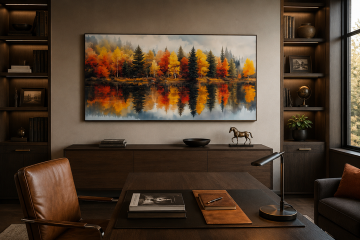 Watercolor fall forest canvas wall art showing autumn trees reflected in a misty lake.