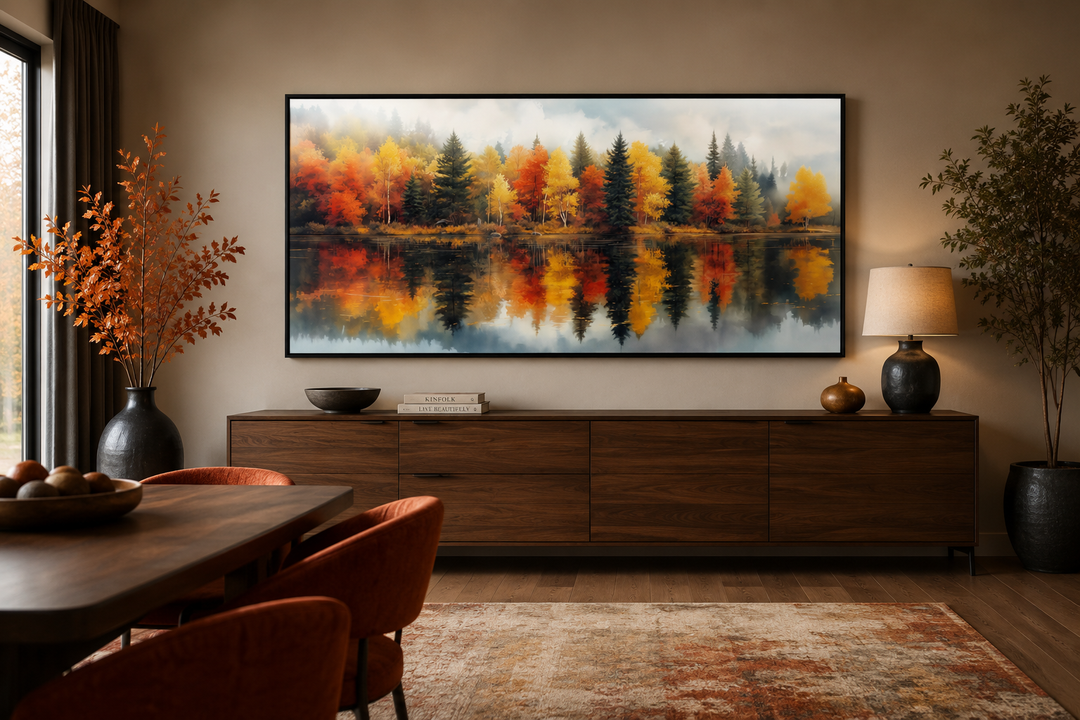 Watercolor fall forest canvas print showing autumn trees reflected in a misty lake above a sideboard.