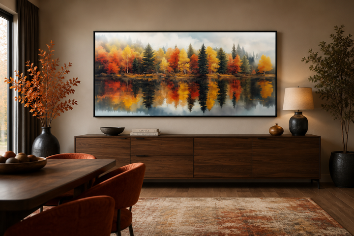 Watercolor fall forest canvas print showing autumn trees reflected in a misty lake above a sideboard.