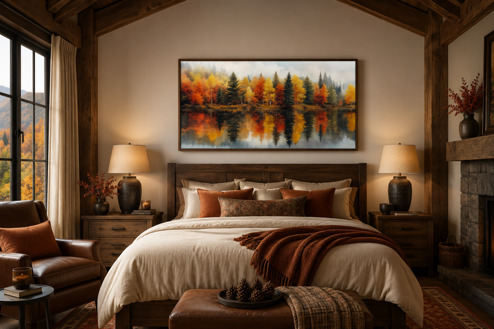 Fall forest watercolor canvas print above a bed in a rustic bedroom with autumn decor.