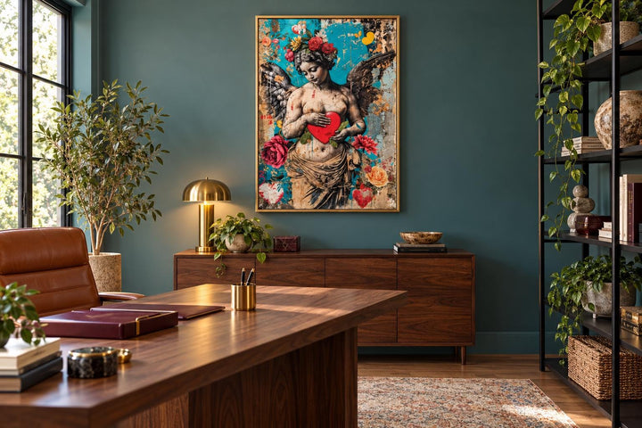 Fallen Angel Graffiti Modern Wall Art in a gold frame above a wooden sideboard in a home office.