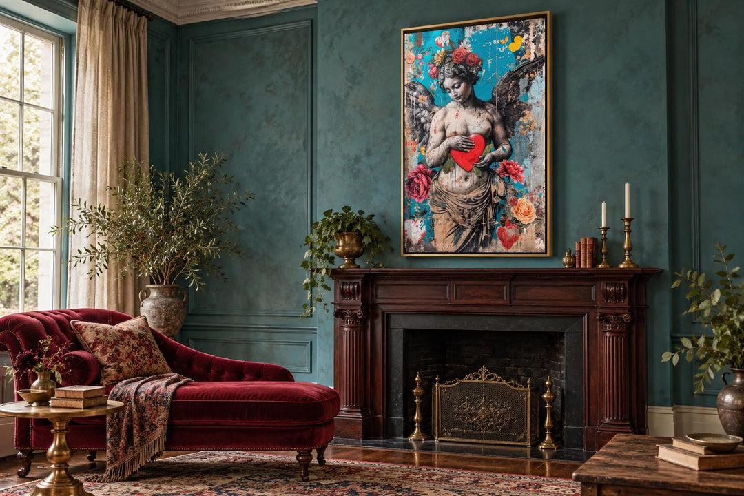 Fallen Angel Graffiti Modern Wall Art hanging above a fireplace in a teal-walled living room.