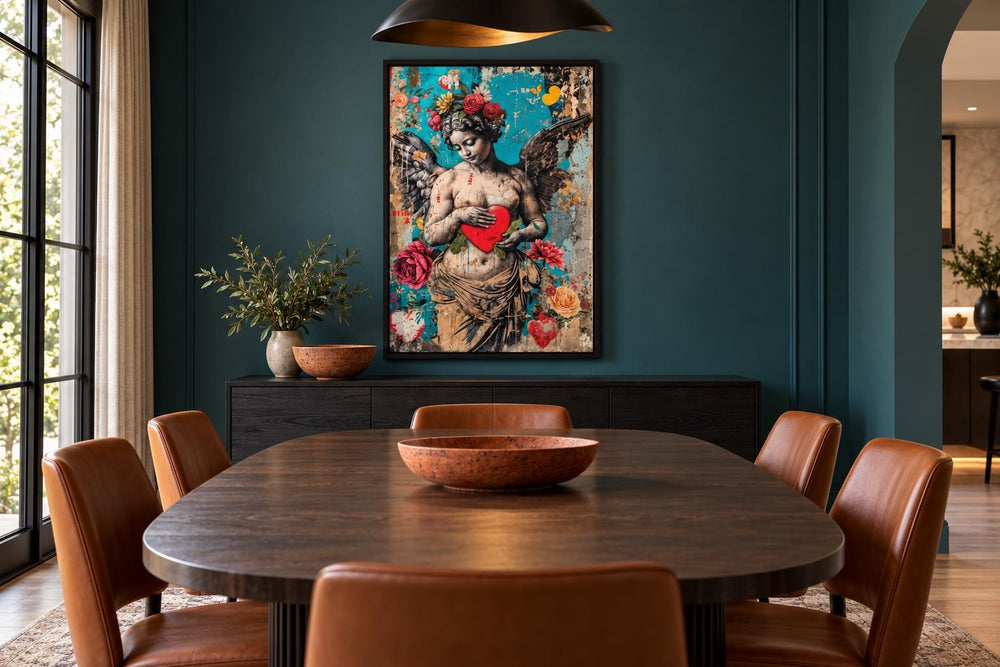 Fallen Angel Graffiti Modern Wall Art in a dark teal dining room with a wooden table and chairs.