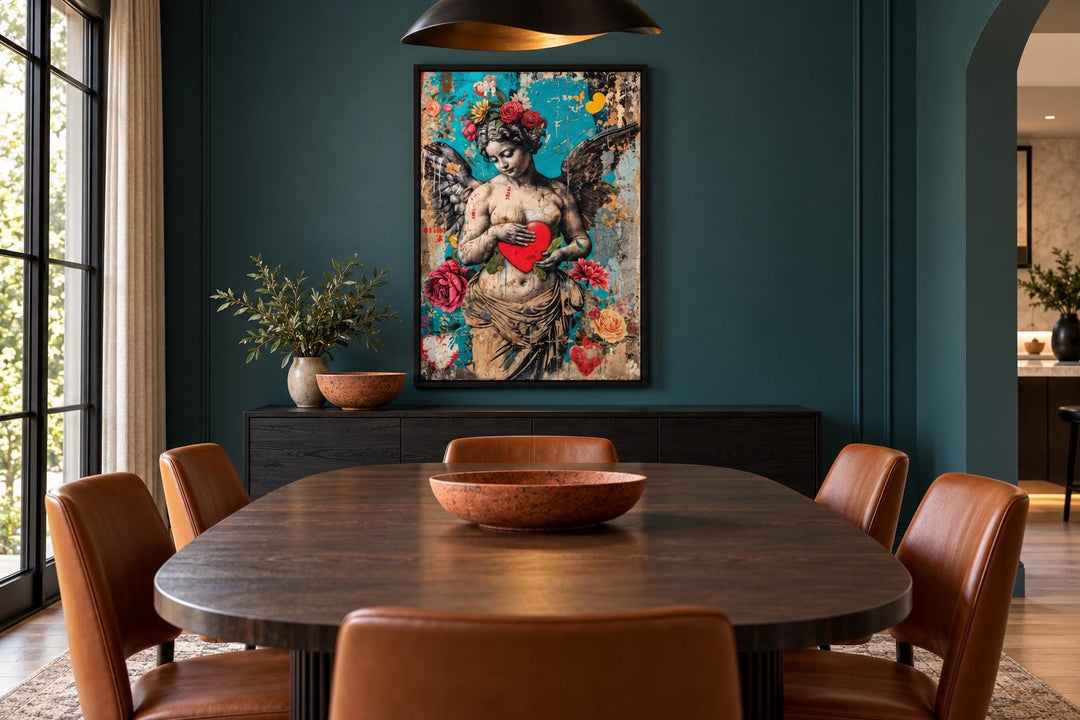 Fallen Angel Graffiti Modern Wall Art in a dark teal dining room with a wooden table and chairs.