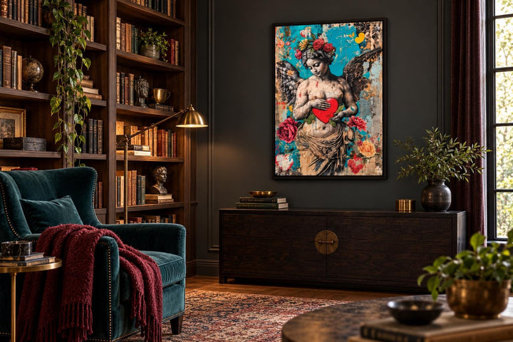 Fallen Angel Graffiti Modern Wall Art in a dark-toned library with a teal armchair and bookshelves.
