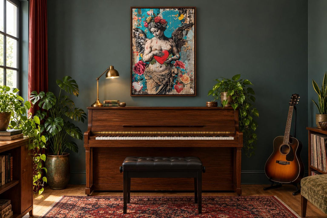 Fallen Angel Graffiti Modern Wall Art hanging above a wooden piano in a dark green room.