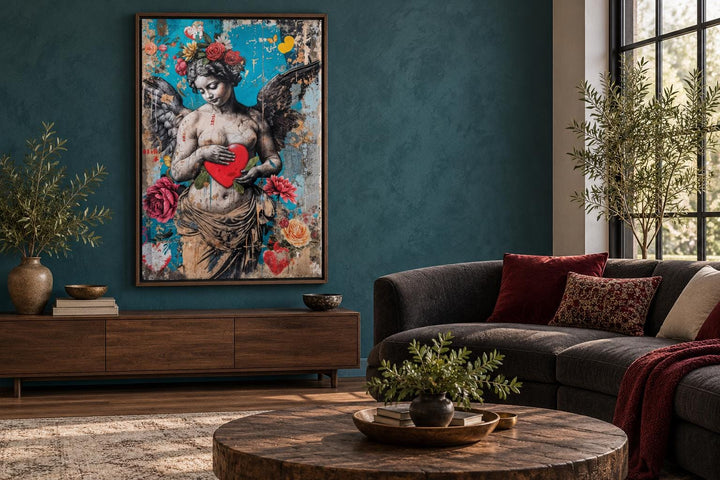 Fallen Angel Graffiti Modern Wall Art in a dark wood frame above a sideboard in a living room.