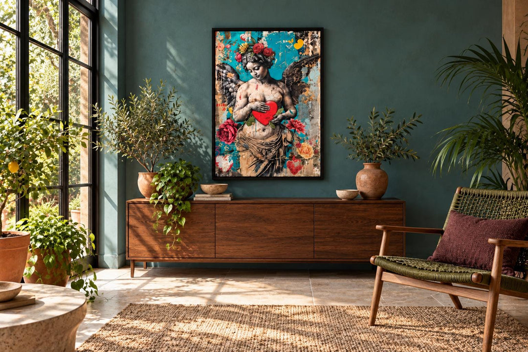 Fallen Angel Graffiti Modern Wall Art in a black frame above a wooden sideboard in a green room.