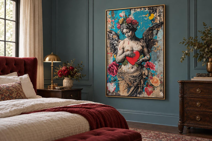 Fallen Angel Graffiti Modern Wall Art in a gold frame above a bed in a dark teal room.