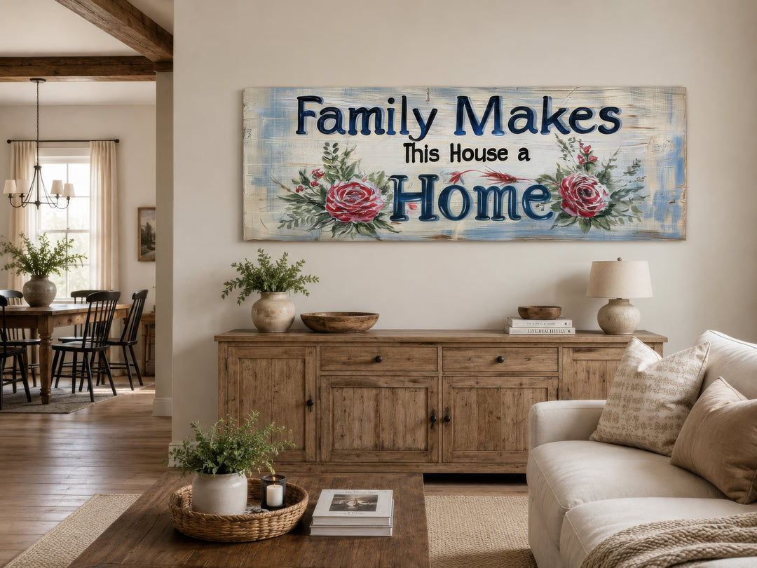 Large horizontal wall art with "Family Makes This House a Home" text and red floral accents.