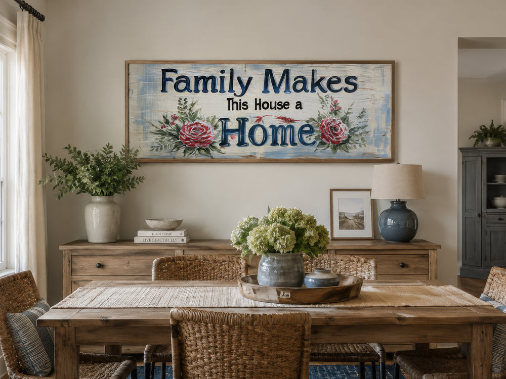 Farmhouse style wall art with 'Family Makes This House a Home' text and floral accents.