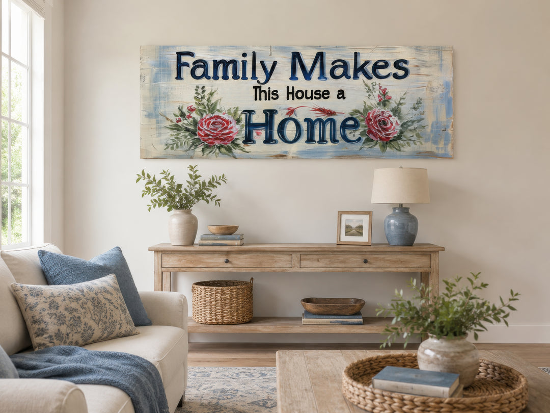 Horizontal farmhouse wall art with floral accents reads "Family Makes This House a Home."