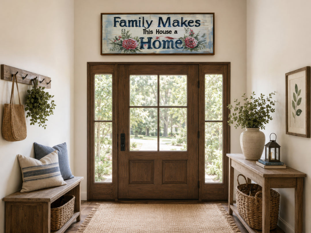 Framed horizontal canvas sign with "Family Makes This House a Home" above a wooden entryway door.