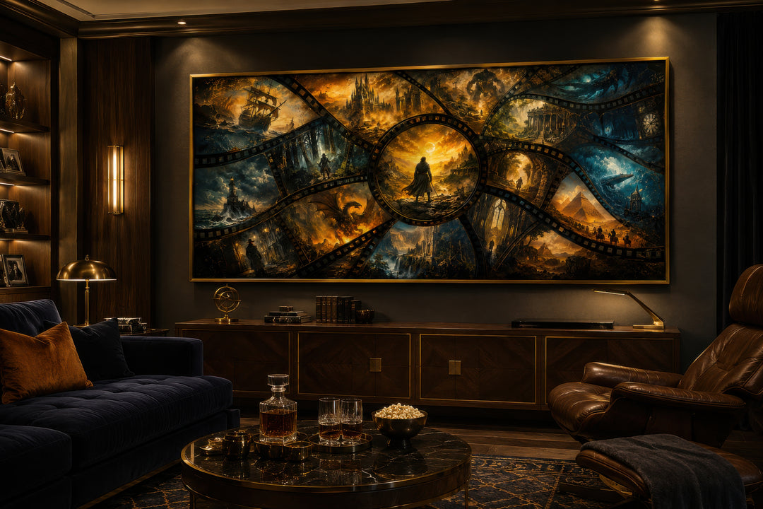 Fantasy film stills collage framed canvas wall art displayed in a dark, modern home theater room.