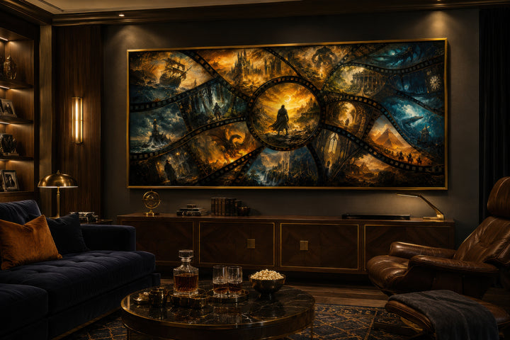 Fantasy film stills collage framed canvas wall art displayed in a dark, modern home theater room.