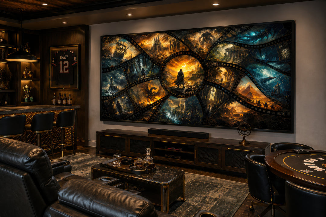 Fantasy film stills collage framed canvas wall art displayed in a dark, modern home theater room.