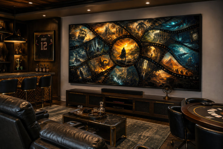 Fantasy film stills collage framed canvas wall art displayed in a dark, modern home theater room.