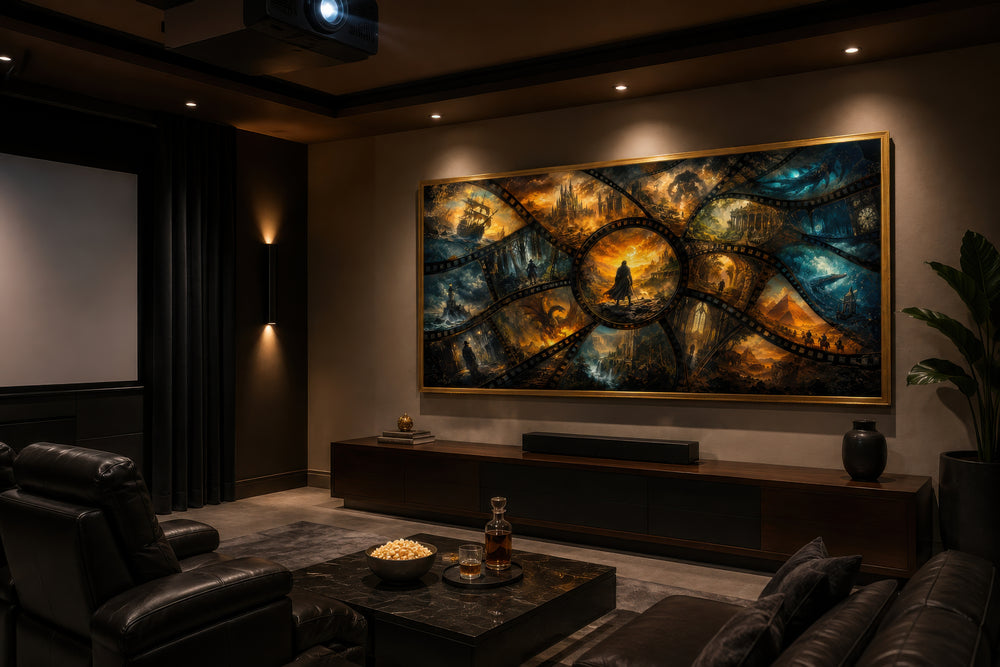 Fantasy film stills collage framed canvas wall art in a dark home theater above a media console.