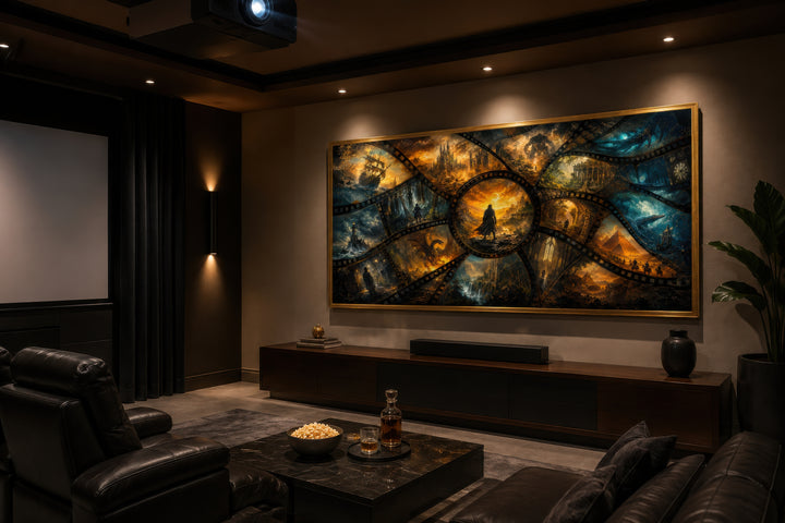 Fantasy film stills collage framed canvas wall art in a dark home theater above a media console.