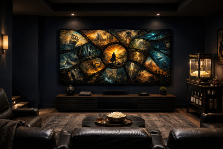 Fantasy film stills collage framed canvas wall art displayed in a dark home theater room.